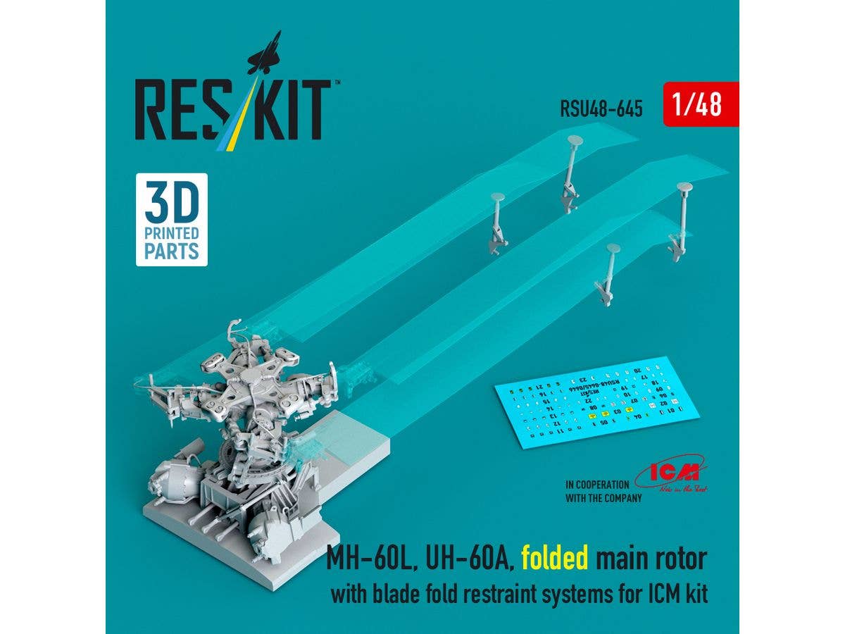 MH-60L, UH-60A, folded main rotor with blade fold restraint systems for ICM kit (3D Printed)