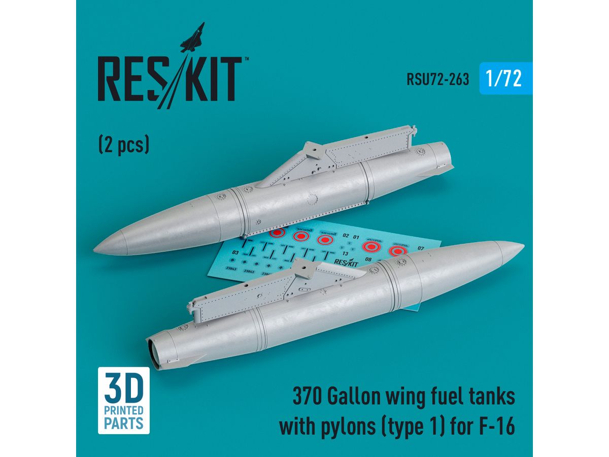 370 Gallon wing fuel tanks with pylons (type 1) for F-16 (2 pcs) (3D Printed)