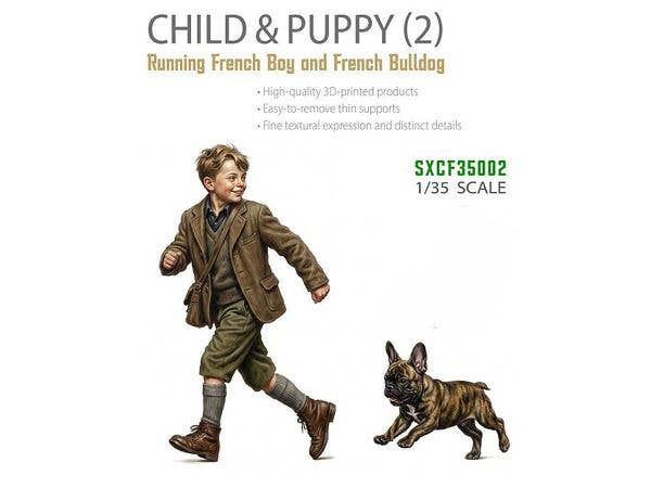 Child & Puppy (Running French Boy and Baby French Bulldog)