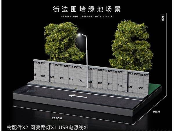 Diorama of a road along a wall and a green park