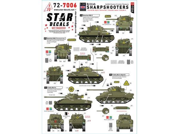British Sharpshooters. 3rd/4th County of London Yeomanry. Sherman Mk I Hybrid, Sherman Mk II, Firefly Mk Ic Hybrid, Firefly Mk Vc.