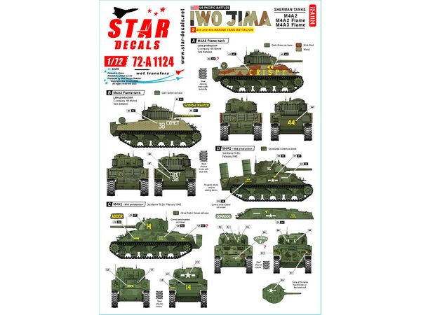WWII US Pacific Front Battle of Iwo Jima USMC M4A2 Sherman Tank / M4A2 Flamethrower Tank / M4A3 Flamethrower Tank