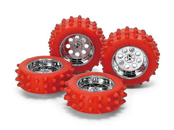 Red Spiked Tires & Silver Plated Wheel Set