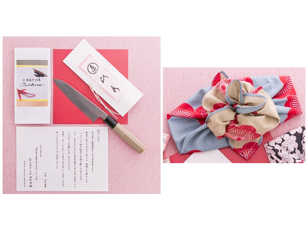 Multipurpose Knife Double-edged (18cm) w/ Ume Decorative Wrapping (Light Blue and Beige)