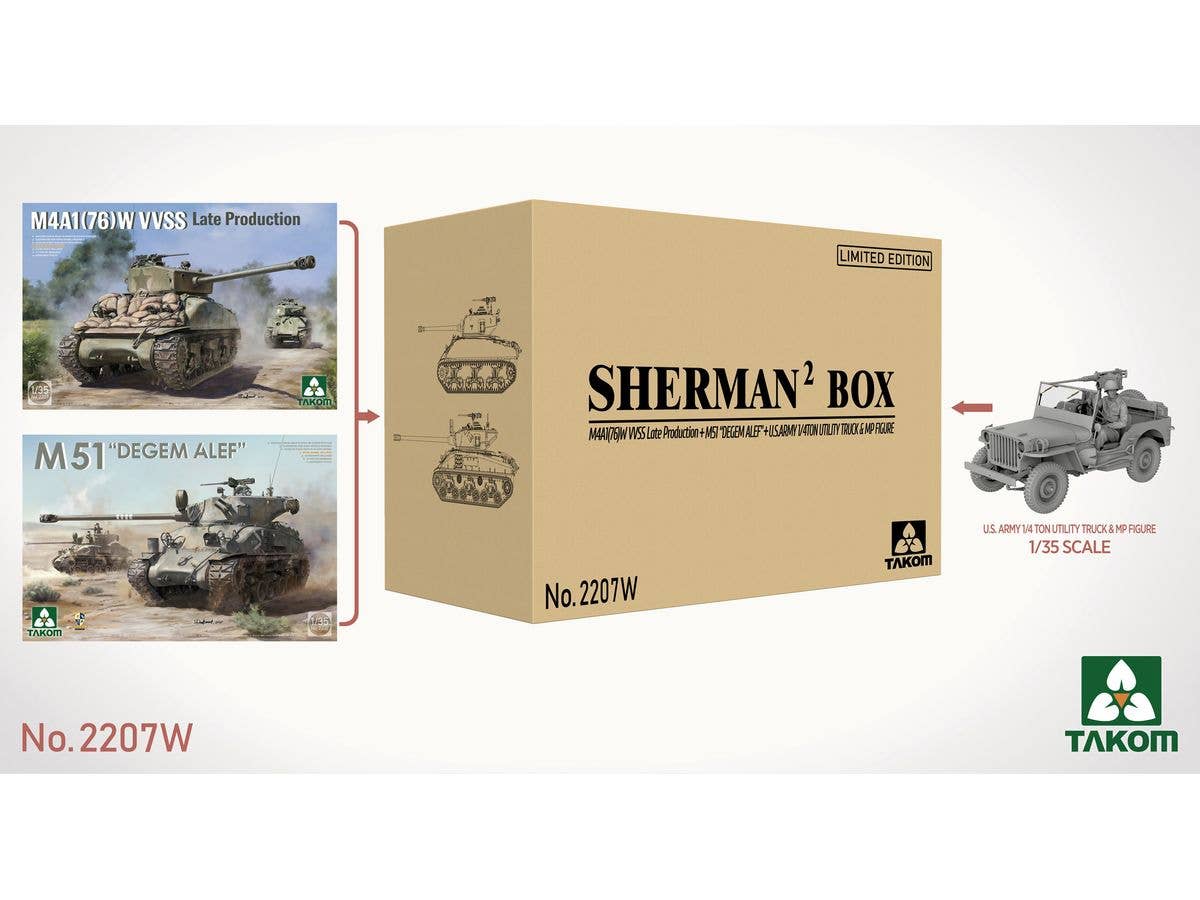 SHERMAN BOX M4A1(76W) VVSS Late Production+M51 ''DEGEM ALEF''+US ARMY 1/4TON UTILITY TRUCK & MP FIGURE