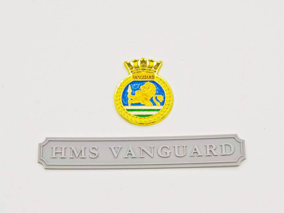 H.M.S. Battleship Vanguard Metal Crest 3 x 3cm and Ship Nameplate
