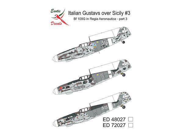 Italian Gustavs over Sicily #3 - Bf 109G in Regia Aeronautica part 3 (3 different markings of 3 different planes - decals enough for one model only)