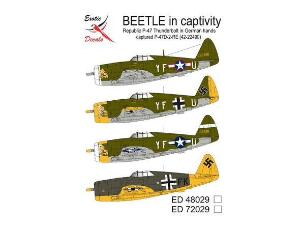 BEETLE in captivity - Republic P-47 Thunderbolt in German hands, captured P-47D-2-RE (42-22490) (4 different markings of one plane - decals enough for two models)