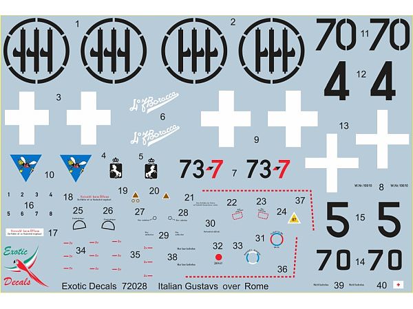 Italian Gustavs over Rome - Bf 109G in Regia Aeronautica part 4 (3 different markings of 3 different planes - decals enough for one model only)